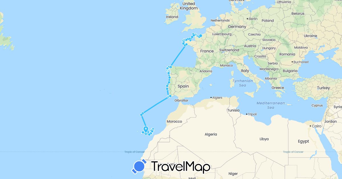 TravelMap itinerary: driving, boat in Spain, France, Jersey, Portugal (Europe)